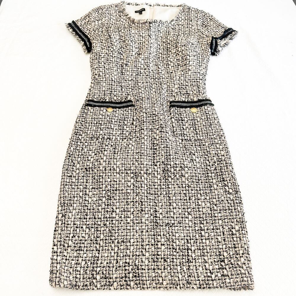 Talbots Tweed Fringe Hem Short Sleeve Midi Dress Pockets Gold Buttons Size 2